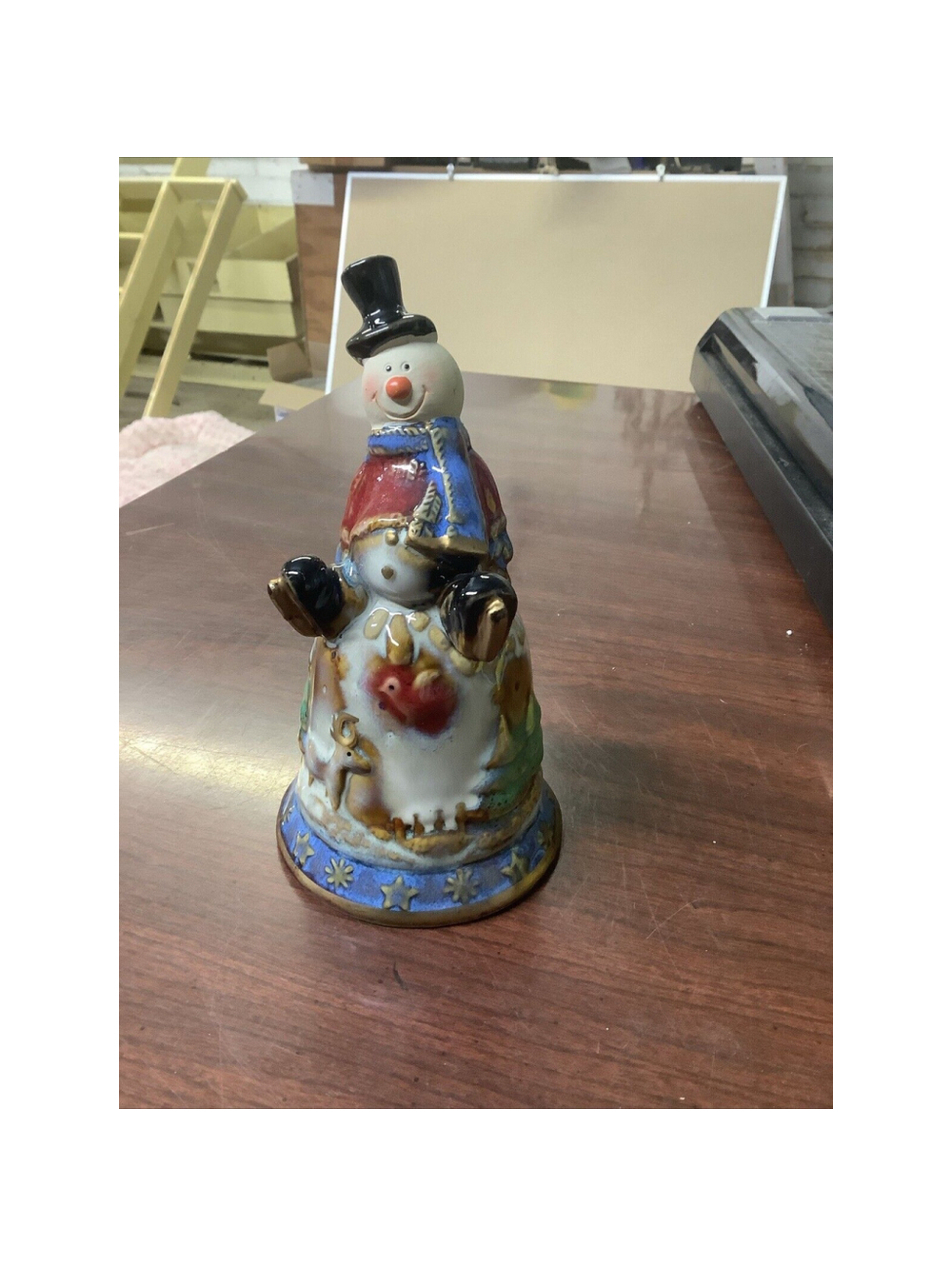 Glazed Ceramic Snowman Bell Christmas Winter 6" Tall